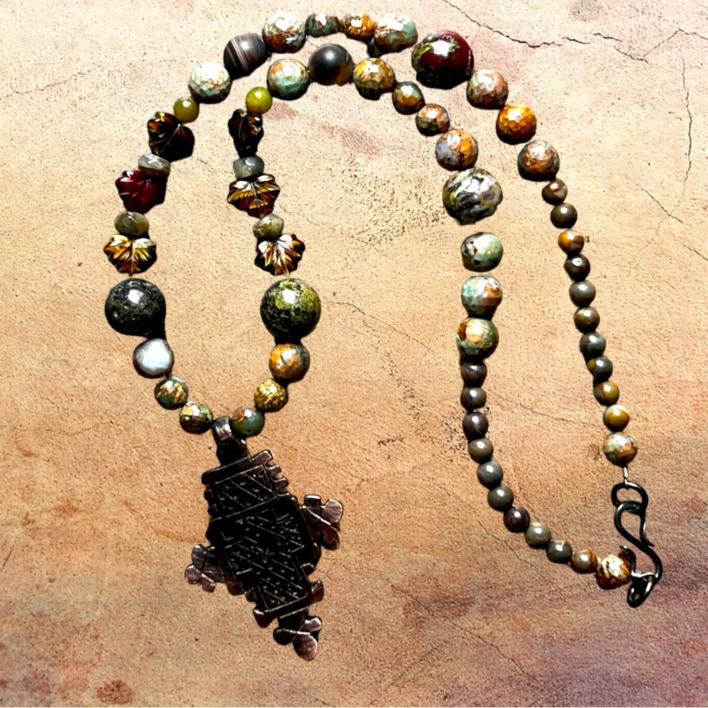New “antiqued” pendant + gemstone beads S-clasp by Susan A Ray, jewelry designer